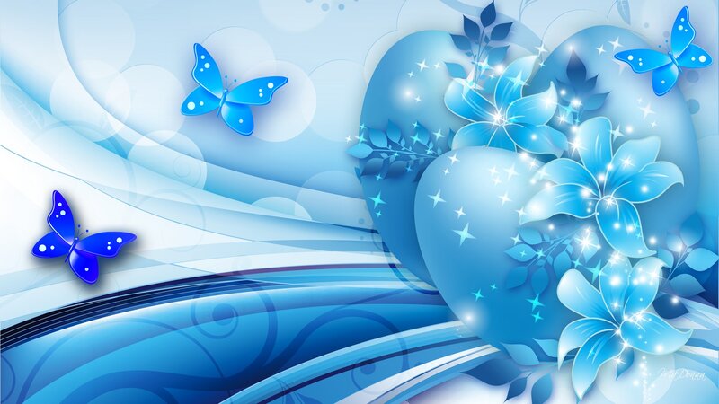 Blue Butterflies and Flowers — Serene, Digital Art, Hearts