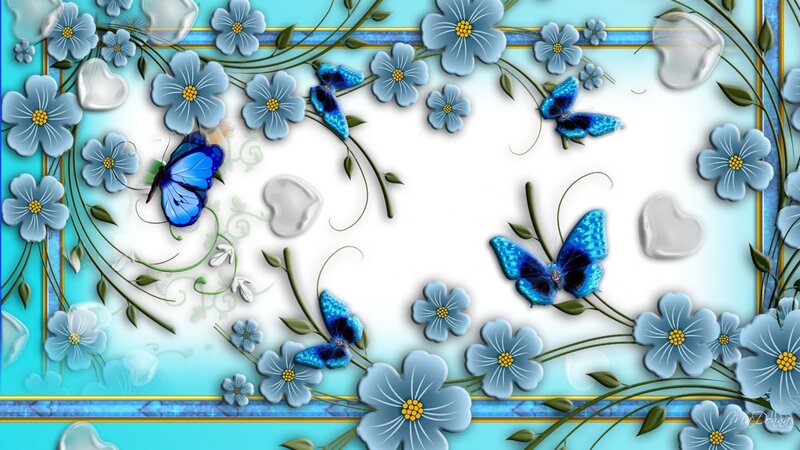 Blue Butterflies and Flowers — Serene, Digital Art, Hearts, Vines