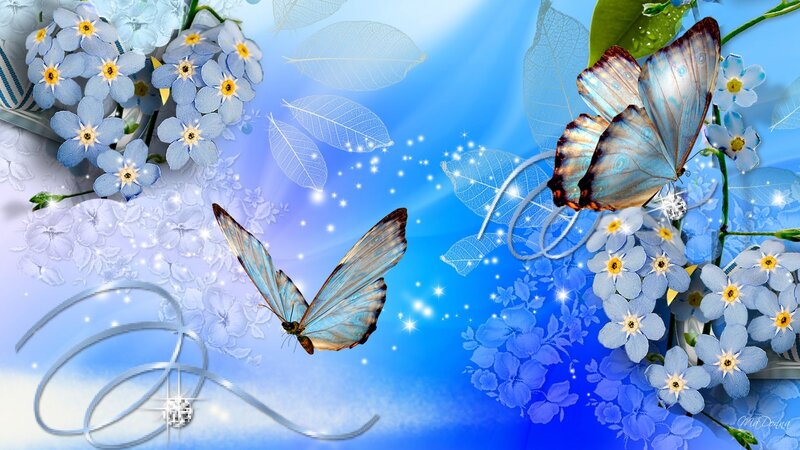 Blue Butterflies and Flowers — Serene, Digital Art