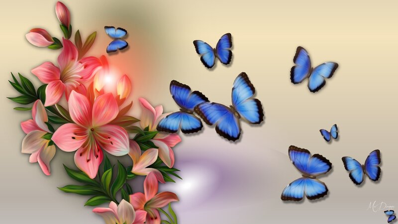 Blue Butterflies and Lilies — Serene