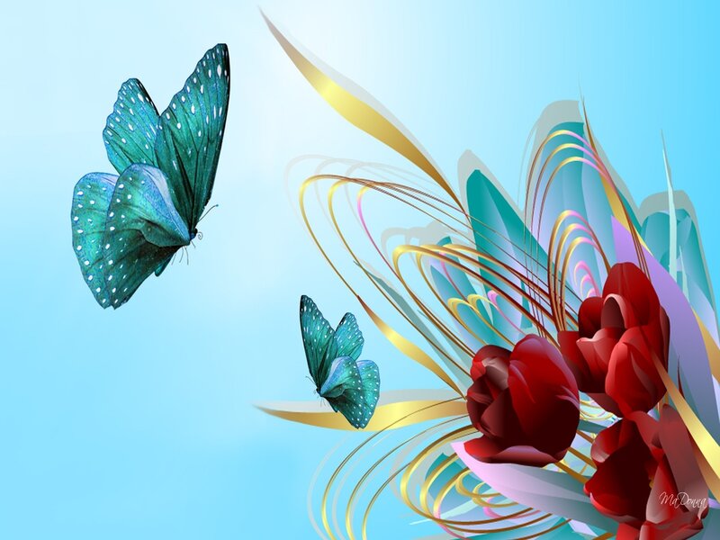 Blue Butterflies and Red Flowers