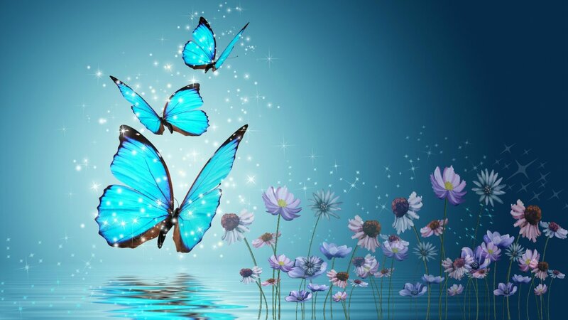 Blue Butterflies Flying — Serene, Digital Art, Flowers
