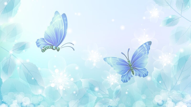 Blue Butterflies Flying — Serene, Digital Art, Leaves