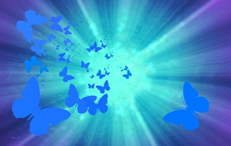 Blue Butterflies Flying — Serene, Digital Art, Light Rays
