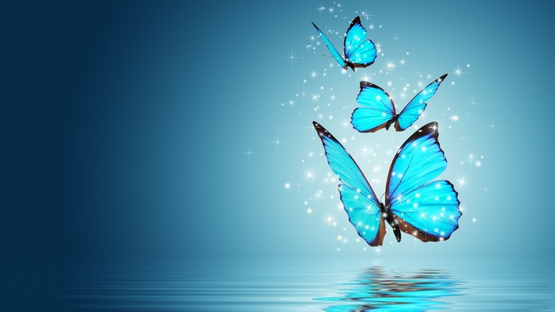 Blue Butterflies Flying — Serene, Digital Art, Sparkles, Water, Reflection