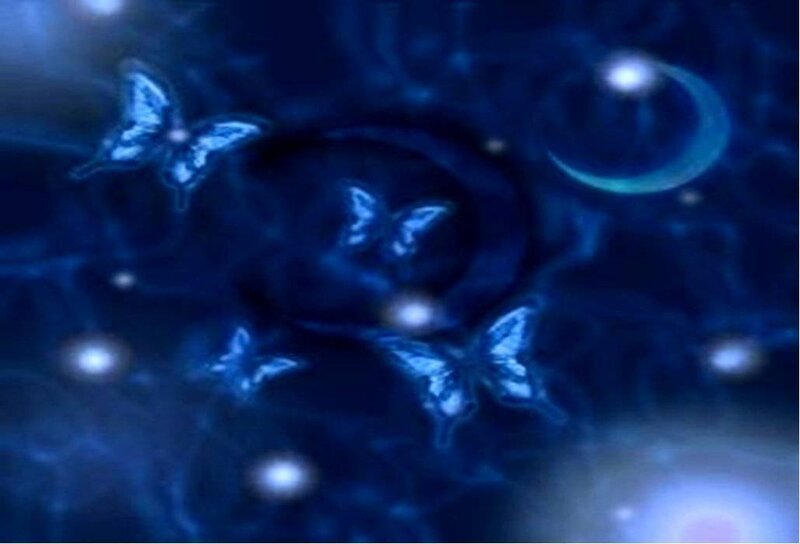 Blue butterflies in a dreamy sky