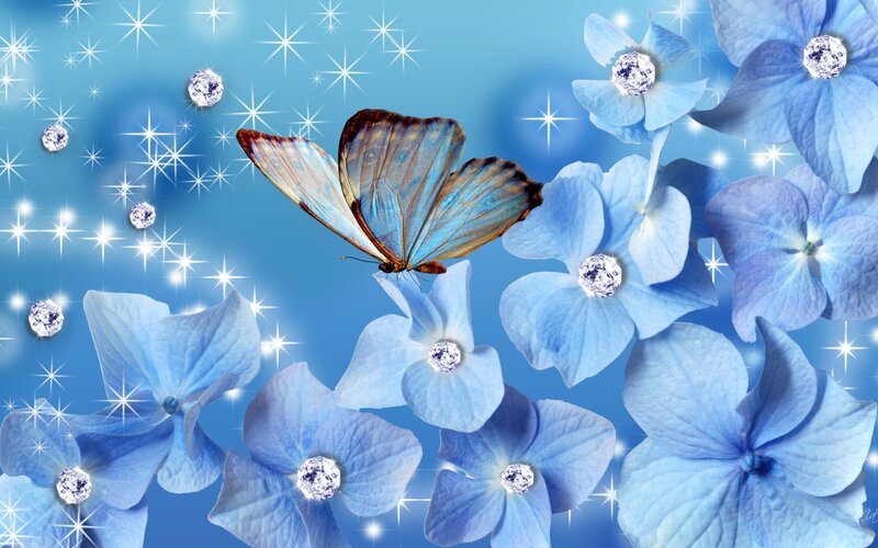 Blue Butterfly Among Flowers — Dreamy, Digital Art