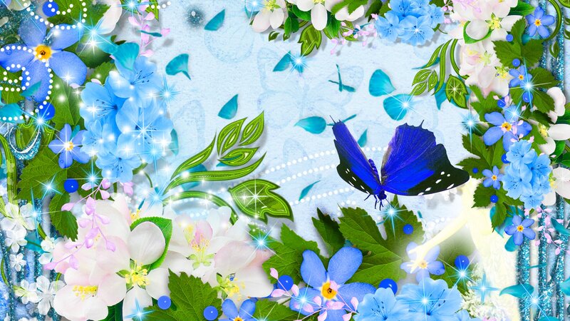 Blue Butterfly Among Flowers — Dreamy