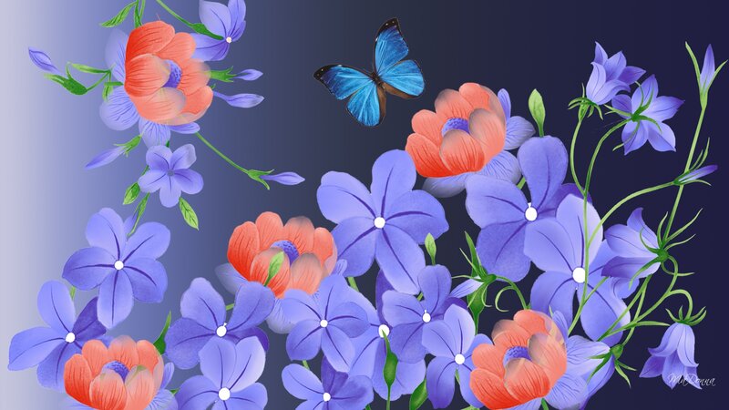 Blue Butterfly Among Flowers