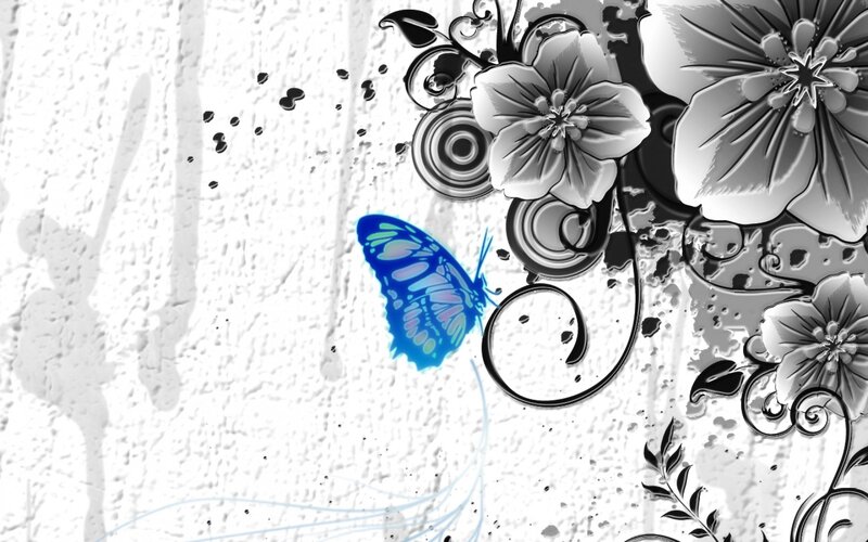 Blue Butterfly and Flowers — Black