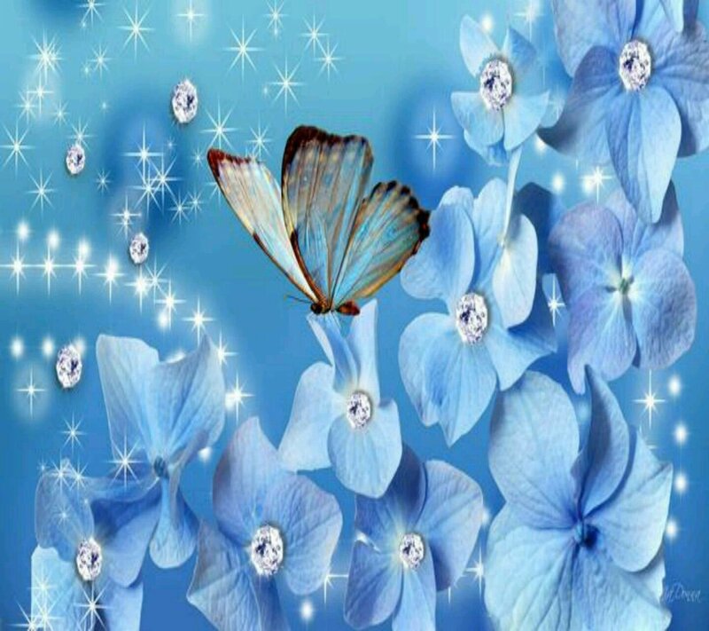 Blue Butterfly and Flowers — Dreamy, Digital Art