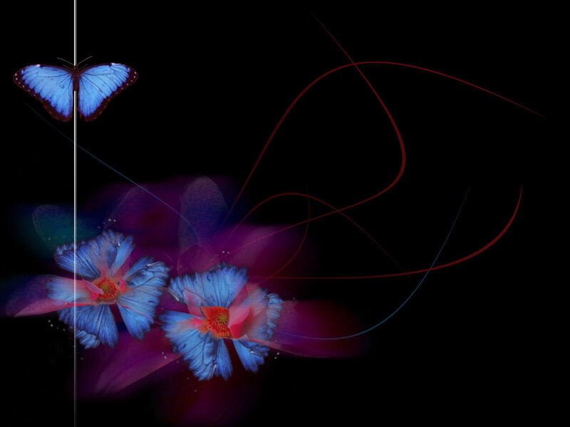 Blue Butterfly and Flowers — Dreamy, Night, Digital Art, Lines