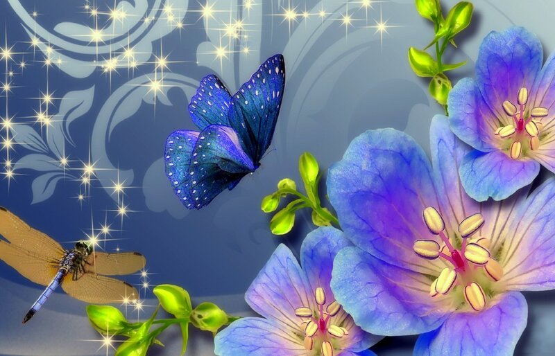 Blue Butterfly and Flowers — Magical, Night