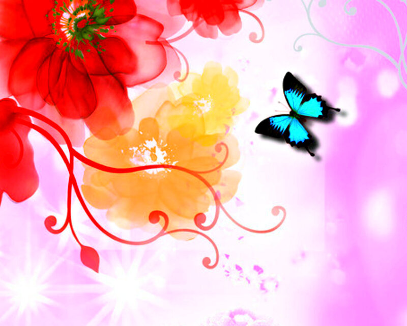 Blue Butterfly Near Flowers — Pink, Cheerful