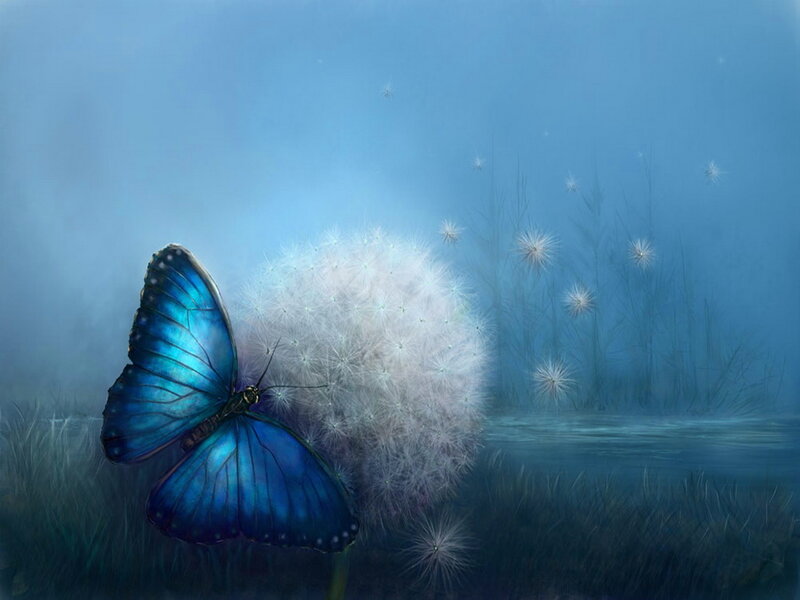 Blue Butterfly on Dandelion — Serene, Digital Art