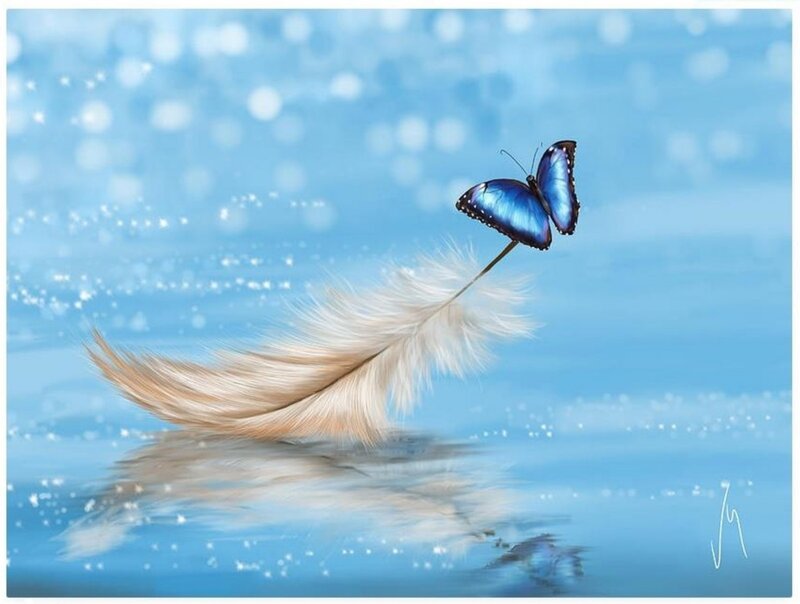Blue Butterfly on Feather — Serene, Digital Art