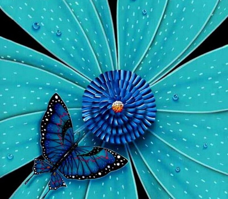 Blue Butterfly on Flower — Calm, Digital Art
