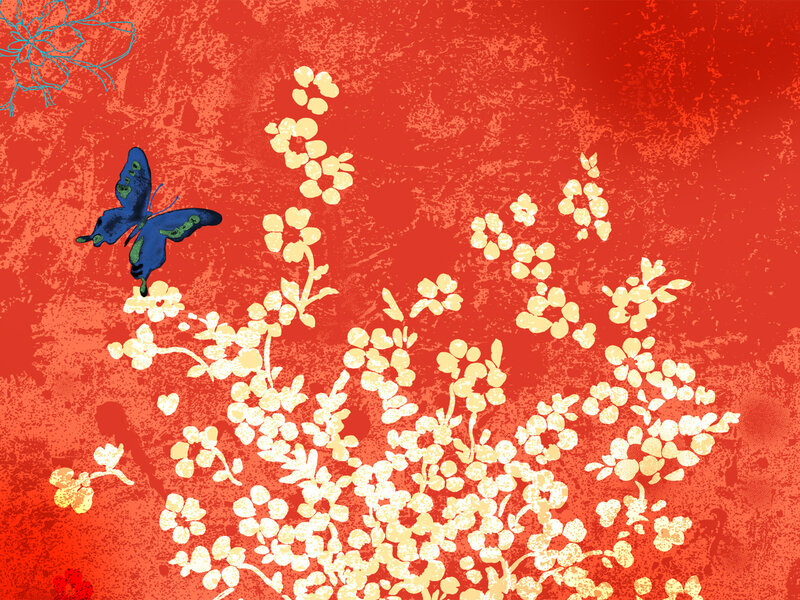 Blue Butterfly on Flowers — Red, Calm