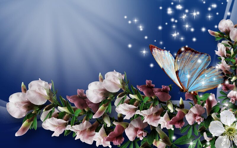 Blue Butterfly on Flowers — Serene, Night, Digital Art