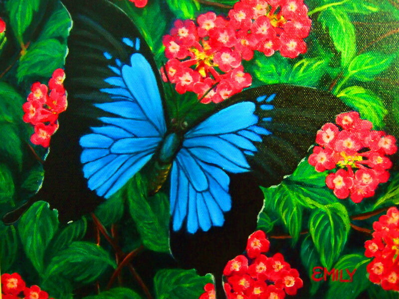 Blue Butterfly on Flowers — Vibrant, Painting