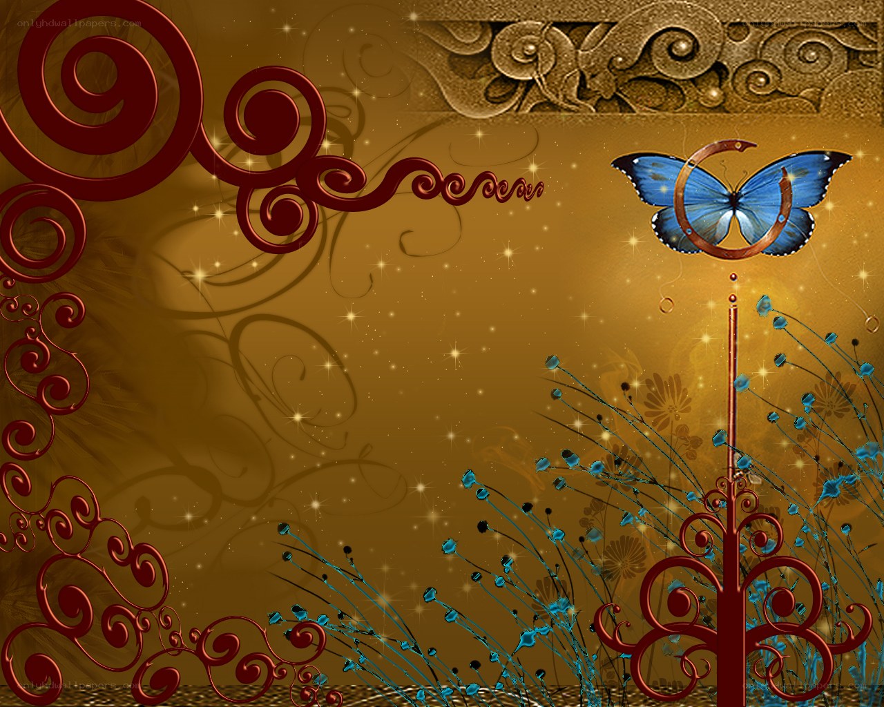 blue butterfly on golden background