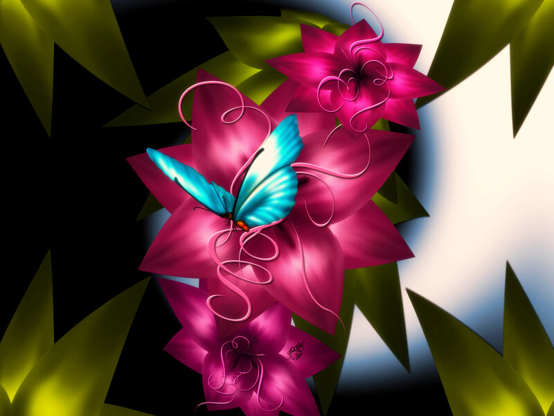 Blue Butterfly on Pink Flower — Dramatic