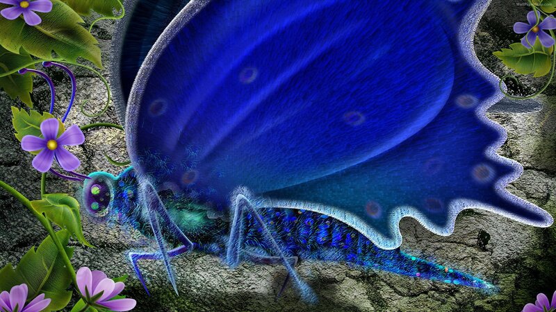 Blue Butterfly on Rock — Fantastical, Digital Art