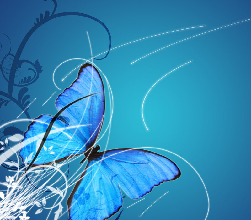Blue Butterfly — Serene, Digital Art, Flowers
