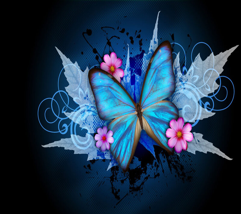 Blue Butterfly with Flowers — Dramatic, Digital Art, Leaves