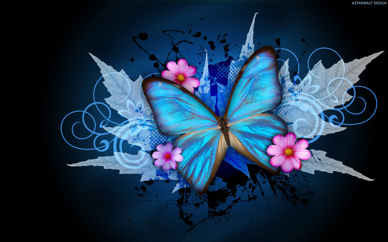 Blue Butterfly with Flowers — Dramatic, Digital Art