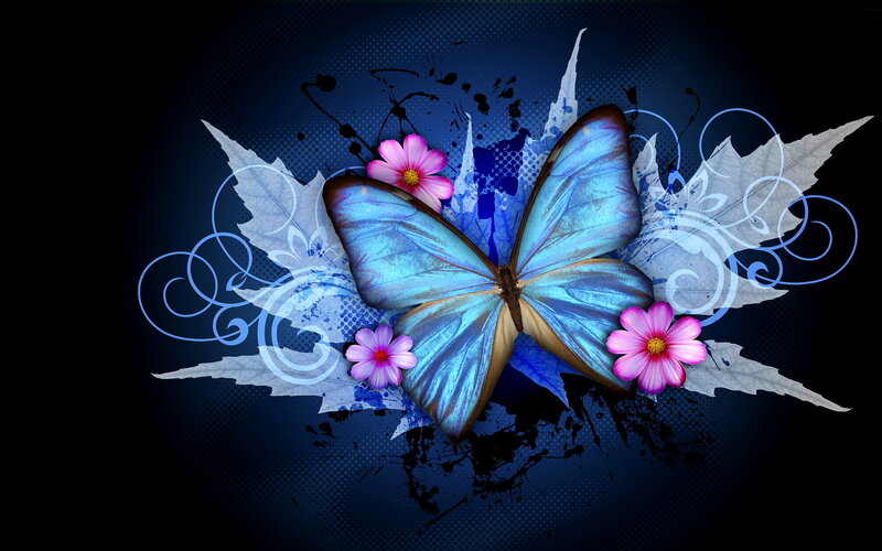 Blue Butterfly with Flowers — Dramatic