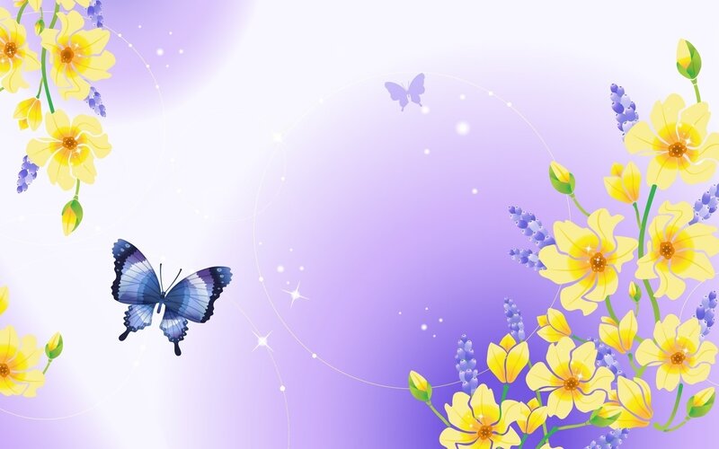 Blue Butterfly with Flowers — Purple