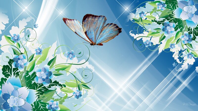 Blue Butterfly with Flowers — Serene, Digital Art