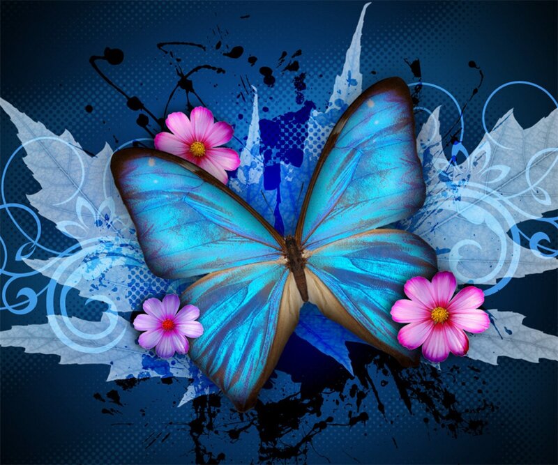 Blue Butterfly with Flowers — Vibrant, Digital Art, Leaves