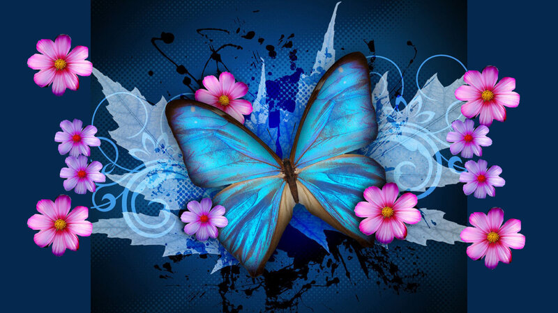 Blue Butterfly with Flowers — Vibrant, Digital Art