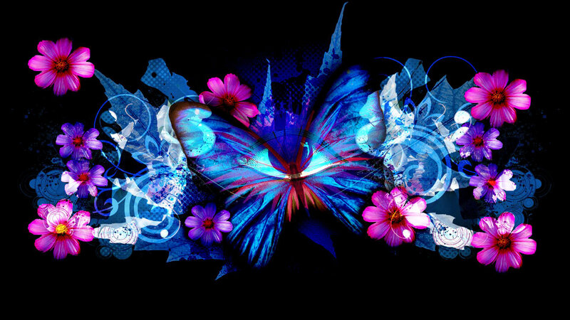 Blue Butterfly with Flowers — Vibrant, Night