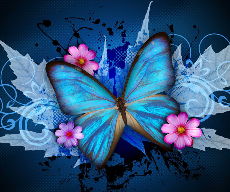 Blue Butterfly with Flowers — Vibrant