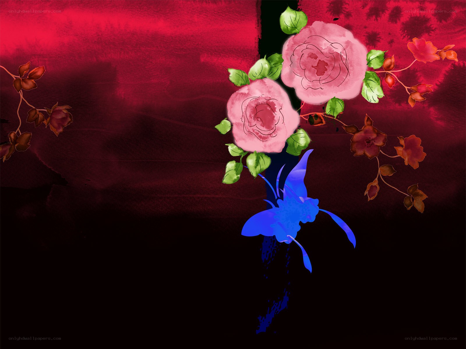 blue butterfly with pink roses