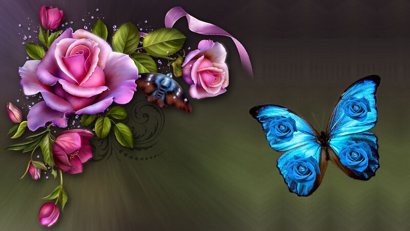 Blue Butterfly with Roses — Serene