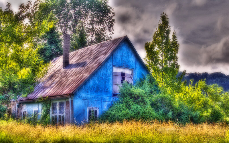 Blue Cabin in Overgrown Field — Dramatic