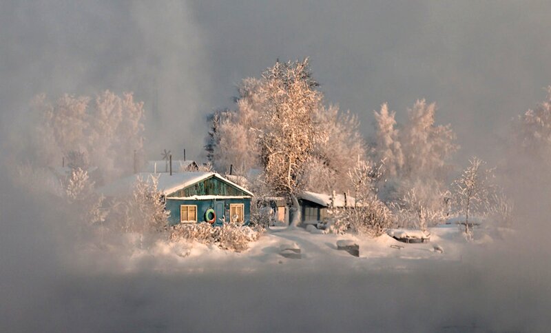 Blue Cabin in Snow — White, Cold, Winter