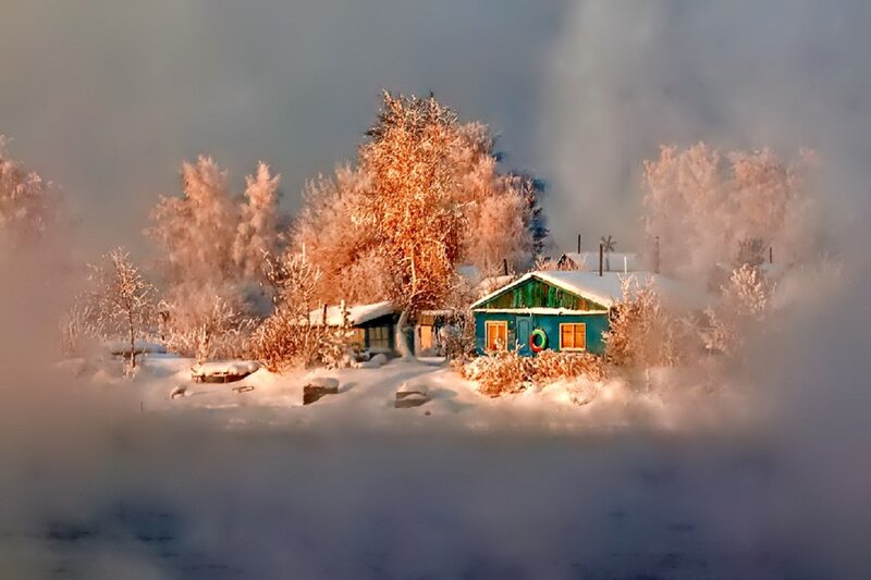 Blue Cabin in Snow — White