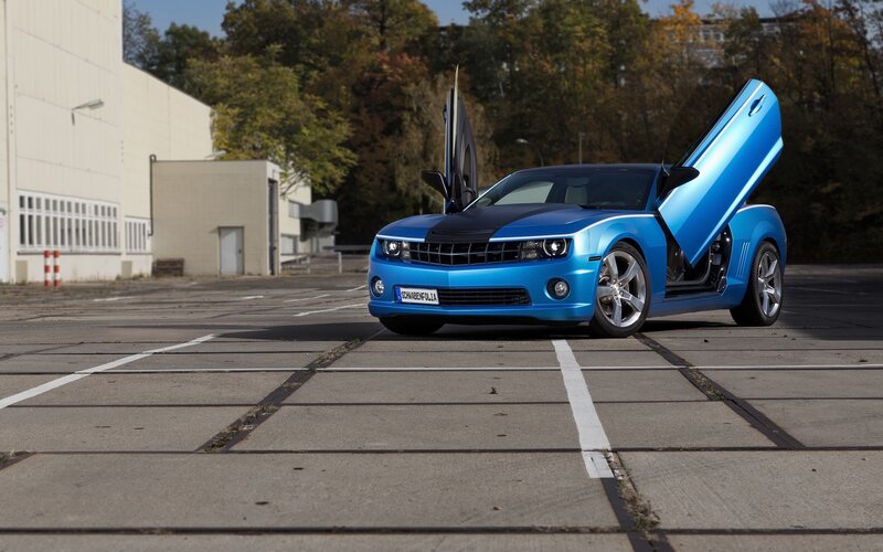 Blue Camaro Car — Dramatic, Autumn, Photograph, Building