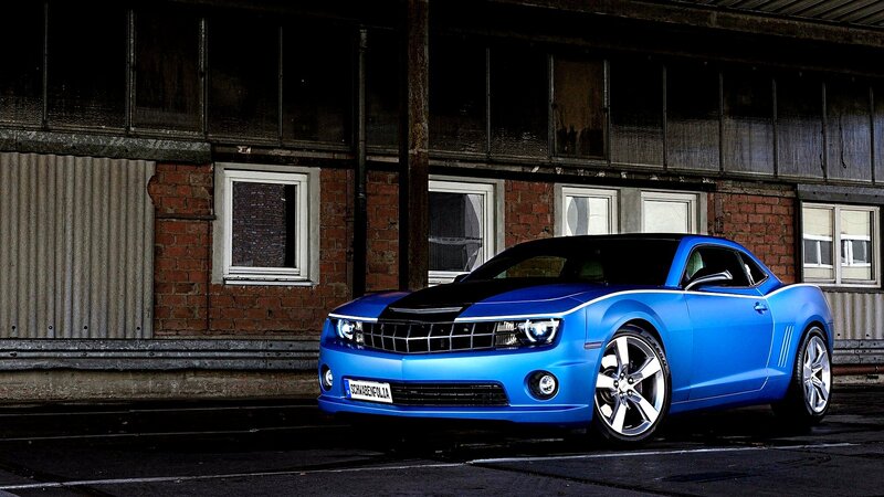 Blue Camaro Car — Dramatic, Night, Photograph, Brick Building