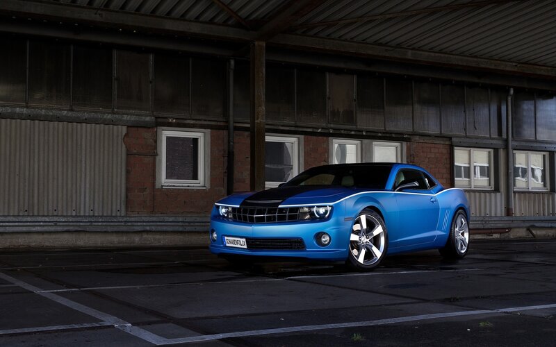 Blue Camaro Car — Dramatic, Night, Photograph, Building