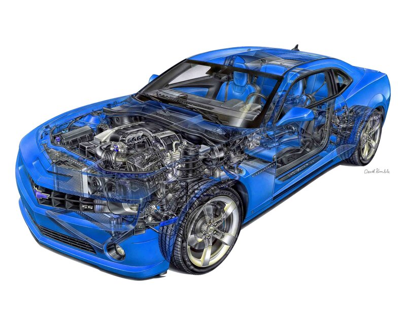 Blue Camaro cutaway illustration