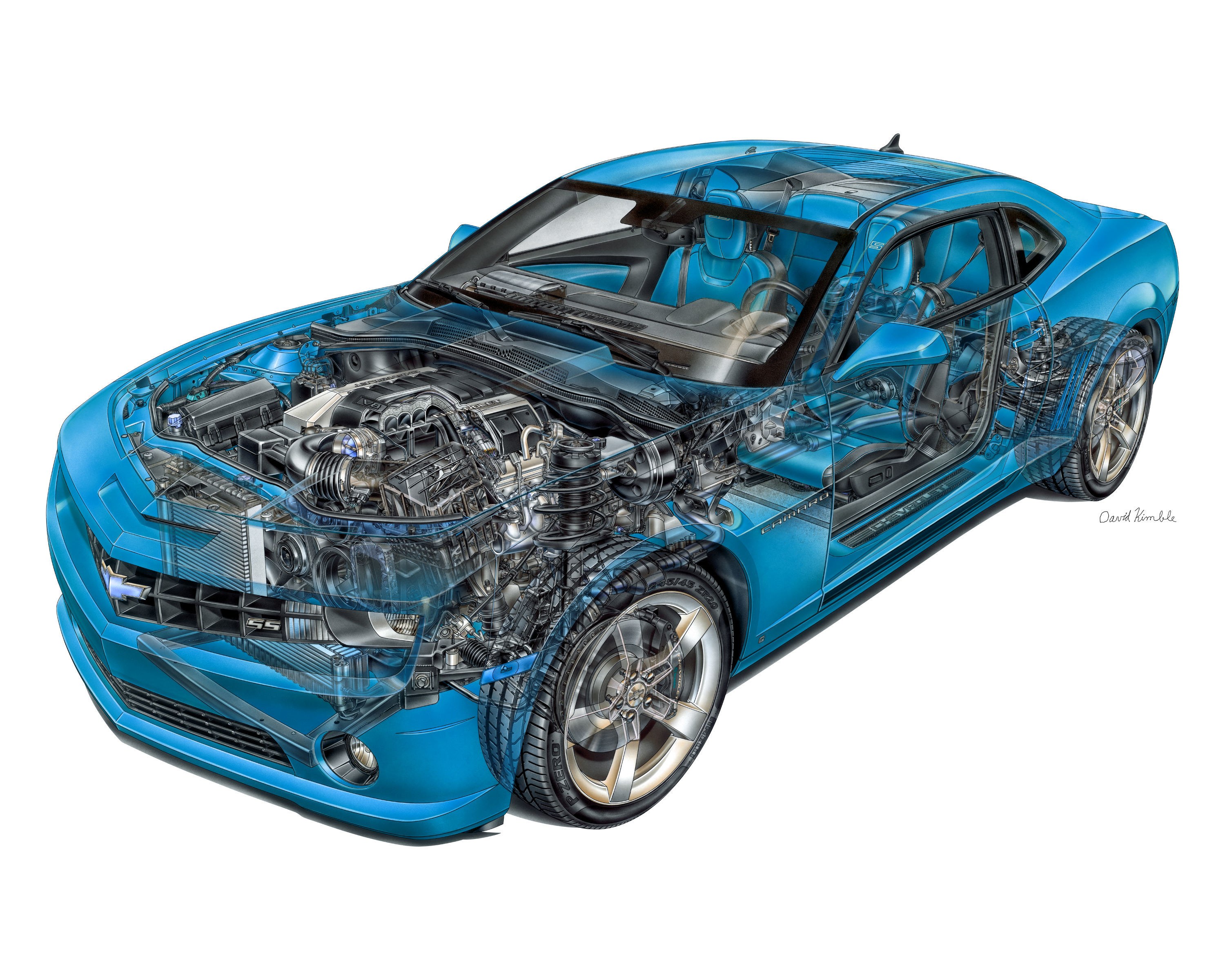 Blue Camaro cutaway illustration
