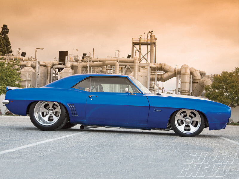 Blue Camaro in industrial setting