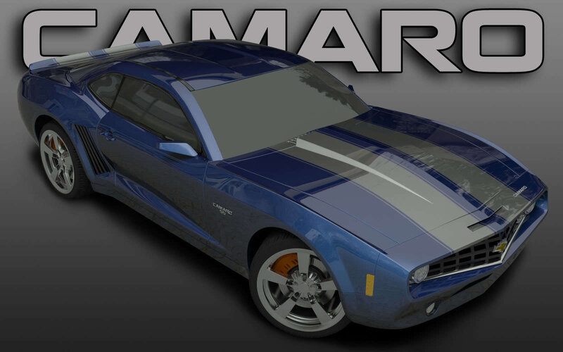 Blue Camaro with racing stripes