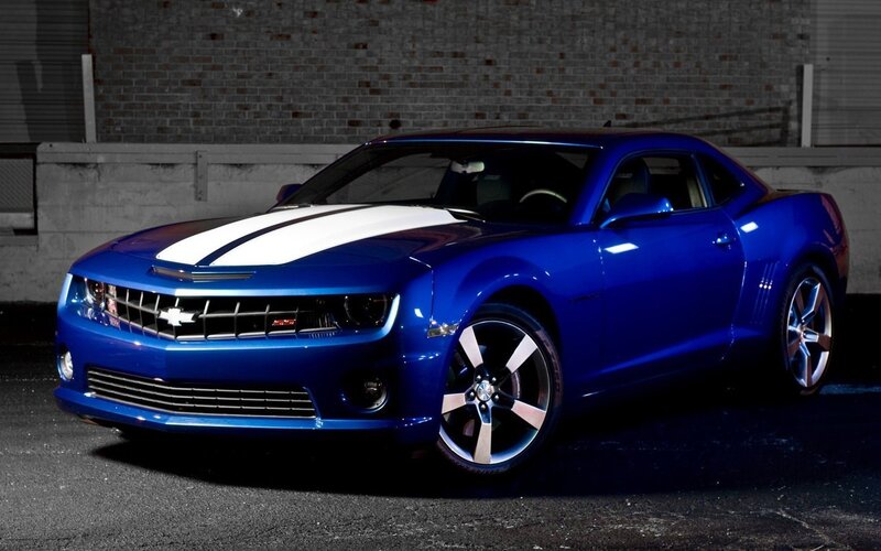 blue camaro with white stripes